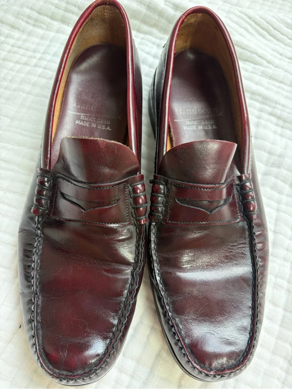 Vintage Hanover Handsewn Burgundy Leather Penny Loafers Made USA Men’s 12 D